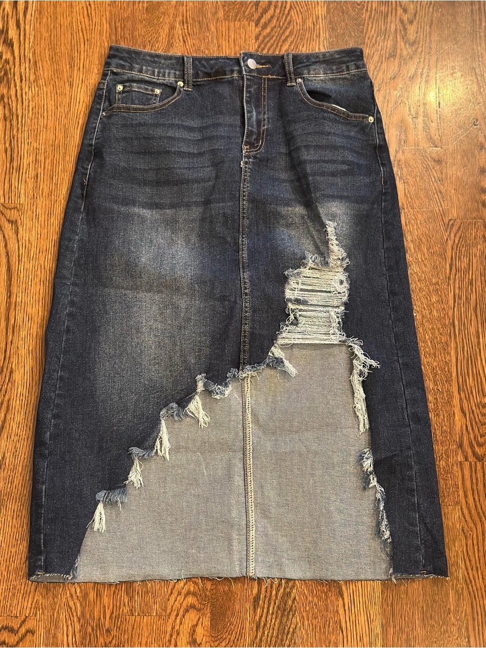 ASVIVID Distressed Denim Midi Skirt Large Dark Wash Raw Hem NWT Large
